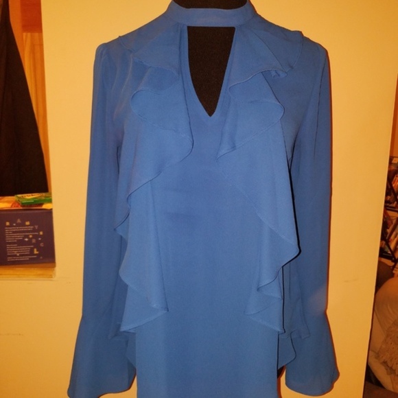 Anthropologie Tops - NWOT Blue Chiffon Deep V Neck Ruffle Blouse Top